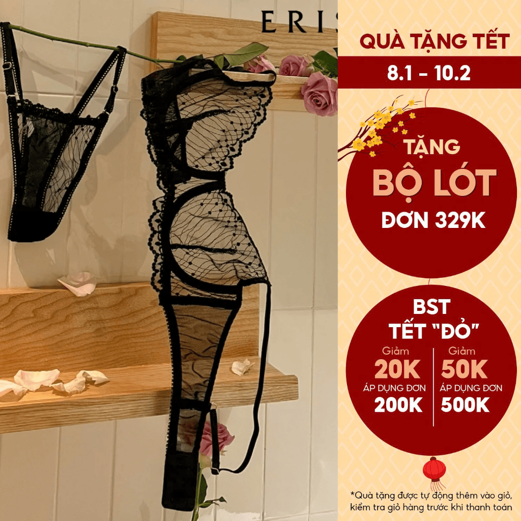 Bộ đồ lót ren thêu xuyên thấu Eriscos có gọng không mút lót cup chéo quần dây gợi cảm sang chảnh