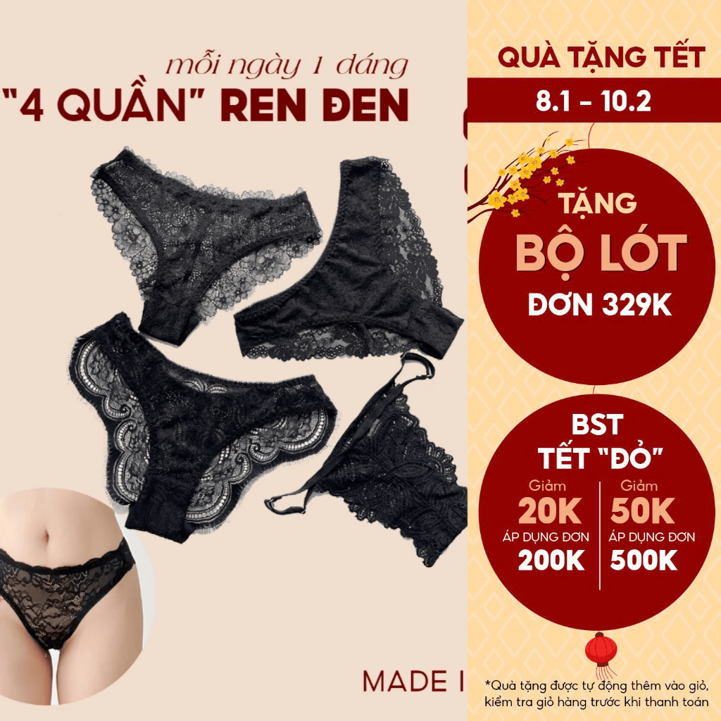 Combo 4 quần lót ren đen 4 kiểu dáng Eriscos thiết kế basic và gợi cảm màu đen co giãn mềm mát
