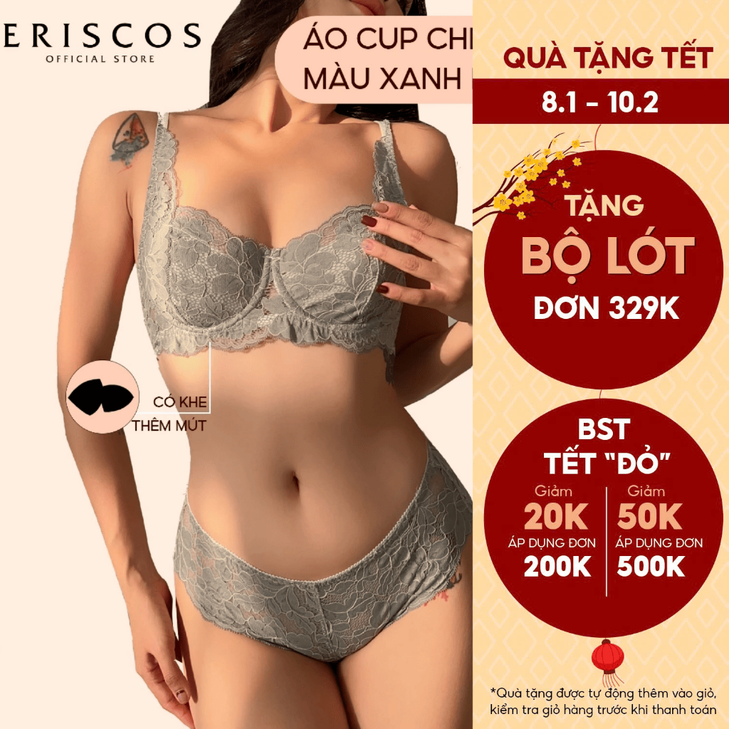 SELINE - Bộ đồ lót ren nữ  TẶNG MÚT MỎNG Áo ngực có gọng không mút quần lót ren tam giác cao cấp Eri