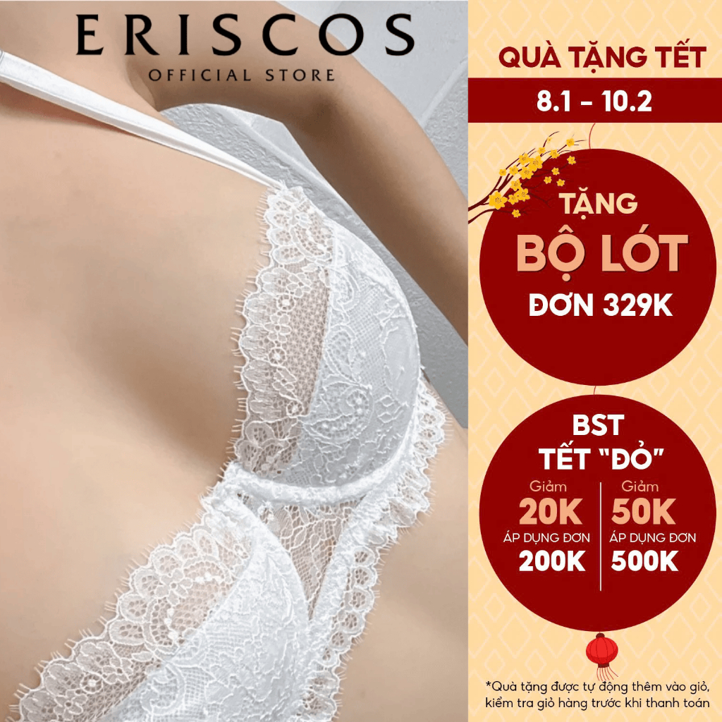 Áo ngực nữ ren Eriscos (TẶNG KÈM MÚT) viền mi quả ngang có gọng nâng ngực áo không mút màu trắng đen