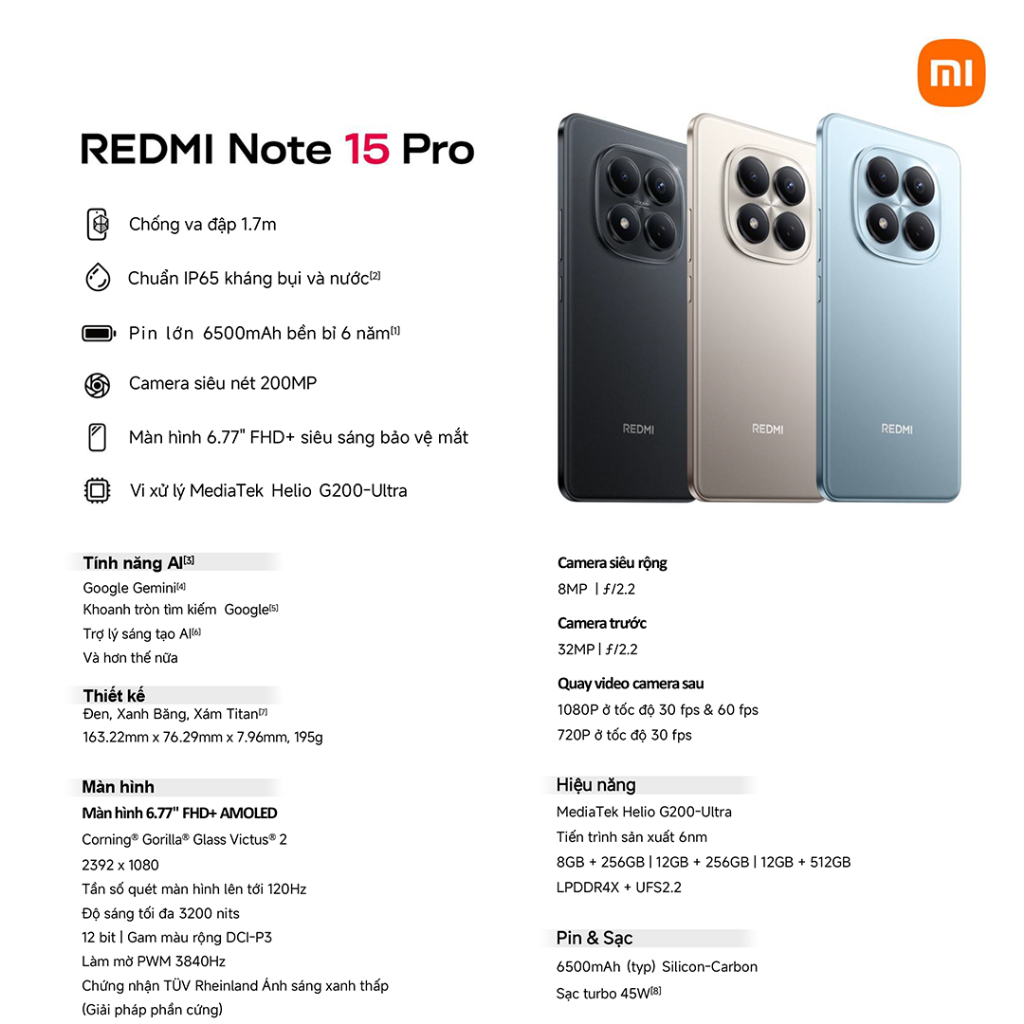 Điện thoại Xiaomi Redmi Note 15 Pro 12GB/256GB Pin 6500mAh - Bảo hành chính hãng (Nguyên Seal chưa Active) | BigBuy360 - bigbuy360.vn