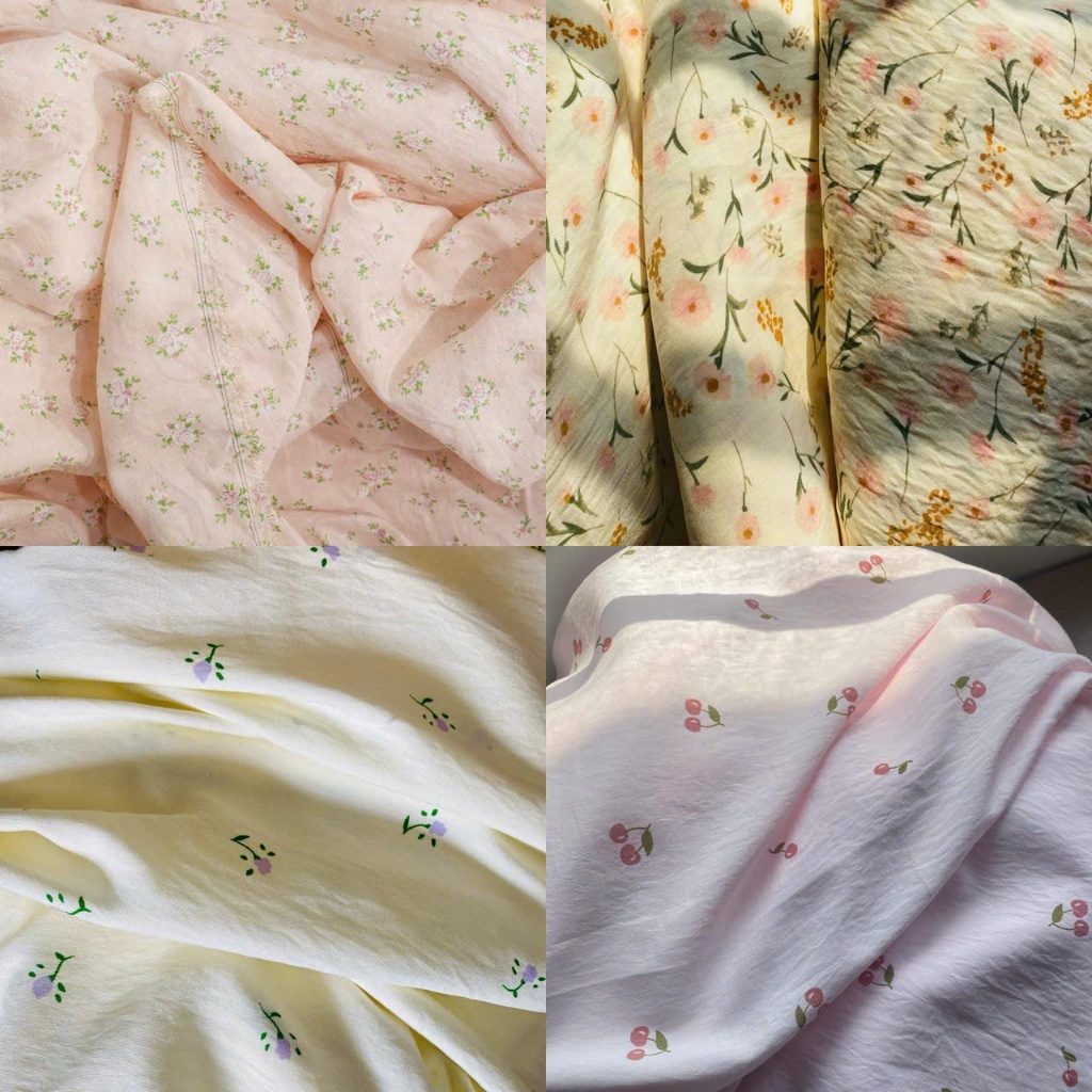 Vải đũi - cotton hàn (SLx0.5m khổ 1.6m) đũi lạnh in hình hoa lá vintage