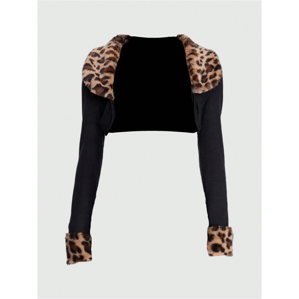 Gyaru Leopard Print Crop Coat / Áo Khoác Lửng Phối Lông Giả Da Báo / Burn the Earth
