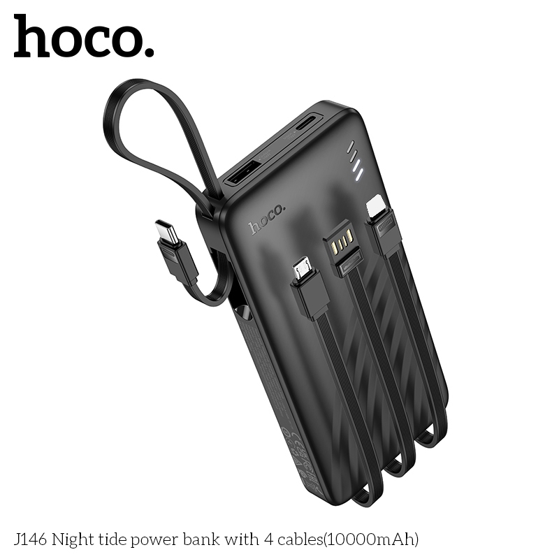 Sạc dự phòng Hoco J146 Dung lượng 10000mAh, kèm 4 dây cáp sạc cùng 2 cổng sạc USB+Type-C, có đèn LED