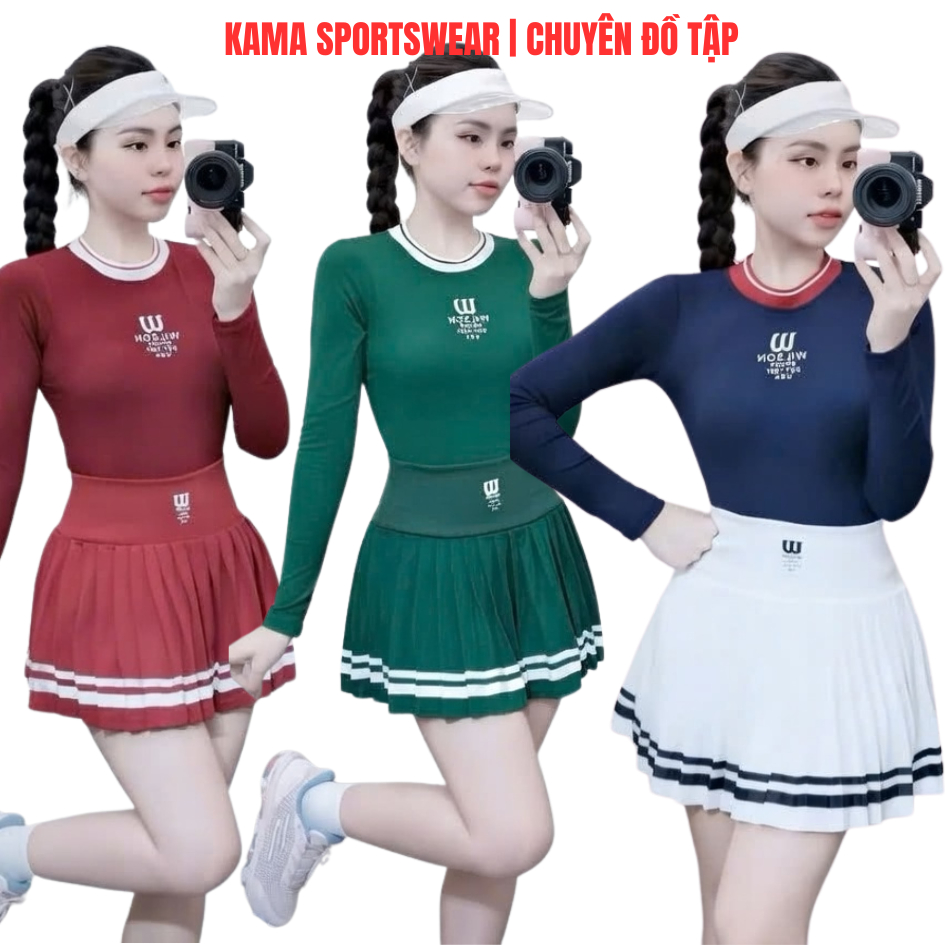 Bộ thể thao nữ Kama sport BP151, Áo  dài tay mix chân váy xếp li chuyên tập pickleaball, tennis, cầu
