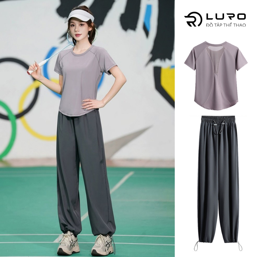 Bộ đồ thể thao nữ LURO, tập cầu lông tennis pickerball thoáng, nhanh khô tay ngắn dáng rộng chạy bộ