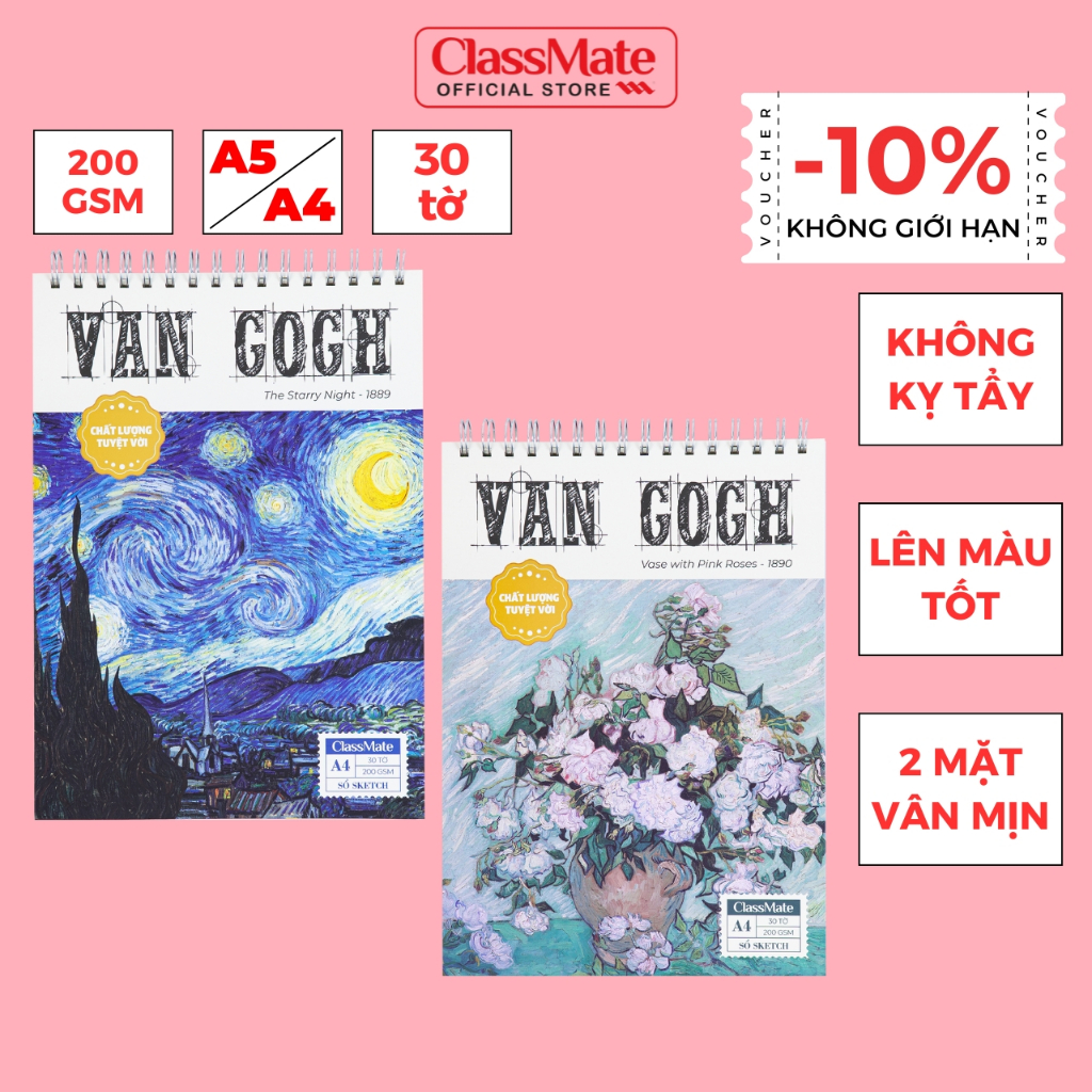 Sổ Vẽ Lò Xo Sketchbook 200GSM Giấy Vân Mịn, Không Kỵ Tẩy Lên Màu Tốt, Sổ Vẽ Van Gogh A4 A5 60 Trang 