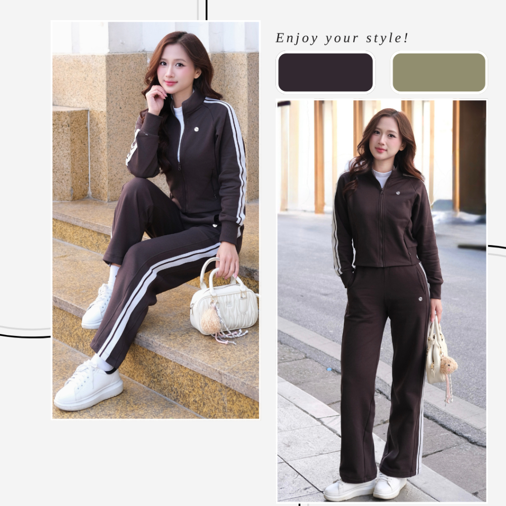 Bộ Thể Thao Nữ 1 Lớp Livan LV25W04F524, Áo Khoác Croptop & Quần Suông, Bộ Nỉ Nữ