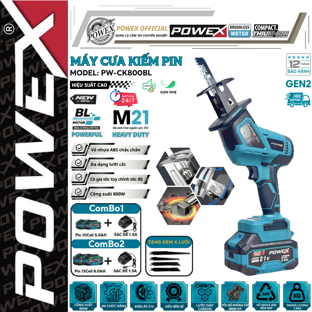 Máy cưa kiếm POWEX PW-CK800BL – 800W mạnh mẽ, BL Motor, cắt gỗ/sắt/nhựa, tặng 4 lưỡi hiệu suất cao
