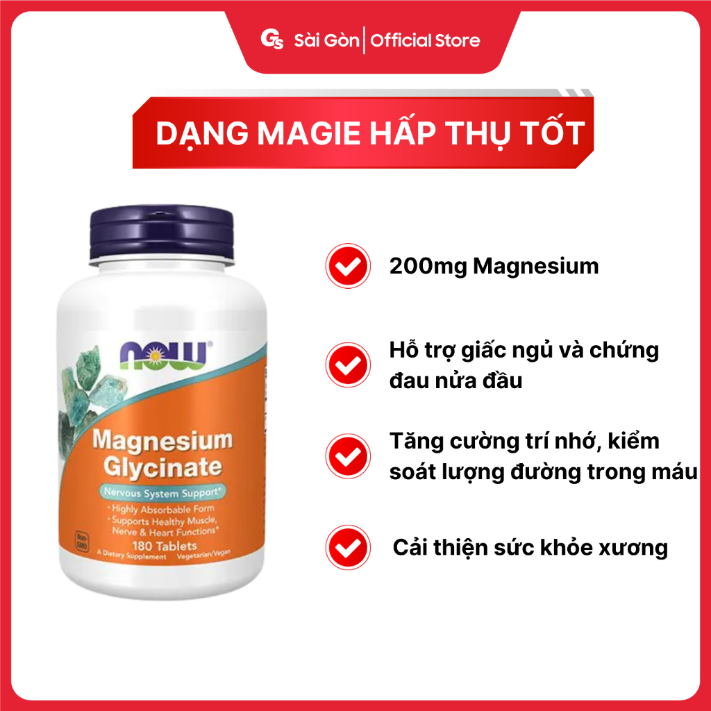 Viên uống NOW Magnesium Glycinate 200 mg with TRAACS, 180 viên, hấp thụ tốt - Gymstore