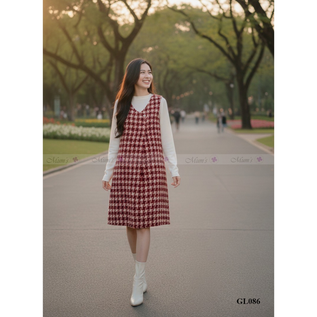 Yếm bầu thiết kế Mum’s Shop GL086 Yếm dạ kẻ đỏ cổ tim