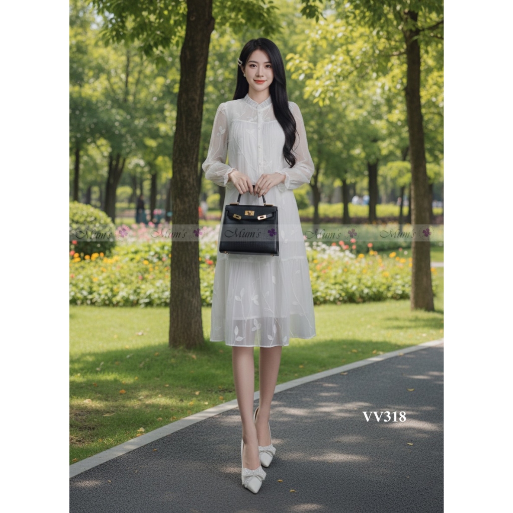 Váy bầu thiết kế Mum’s Shop VV318 Váy tơ hoa dây trắng cổ bèo sang chảnh