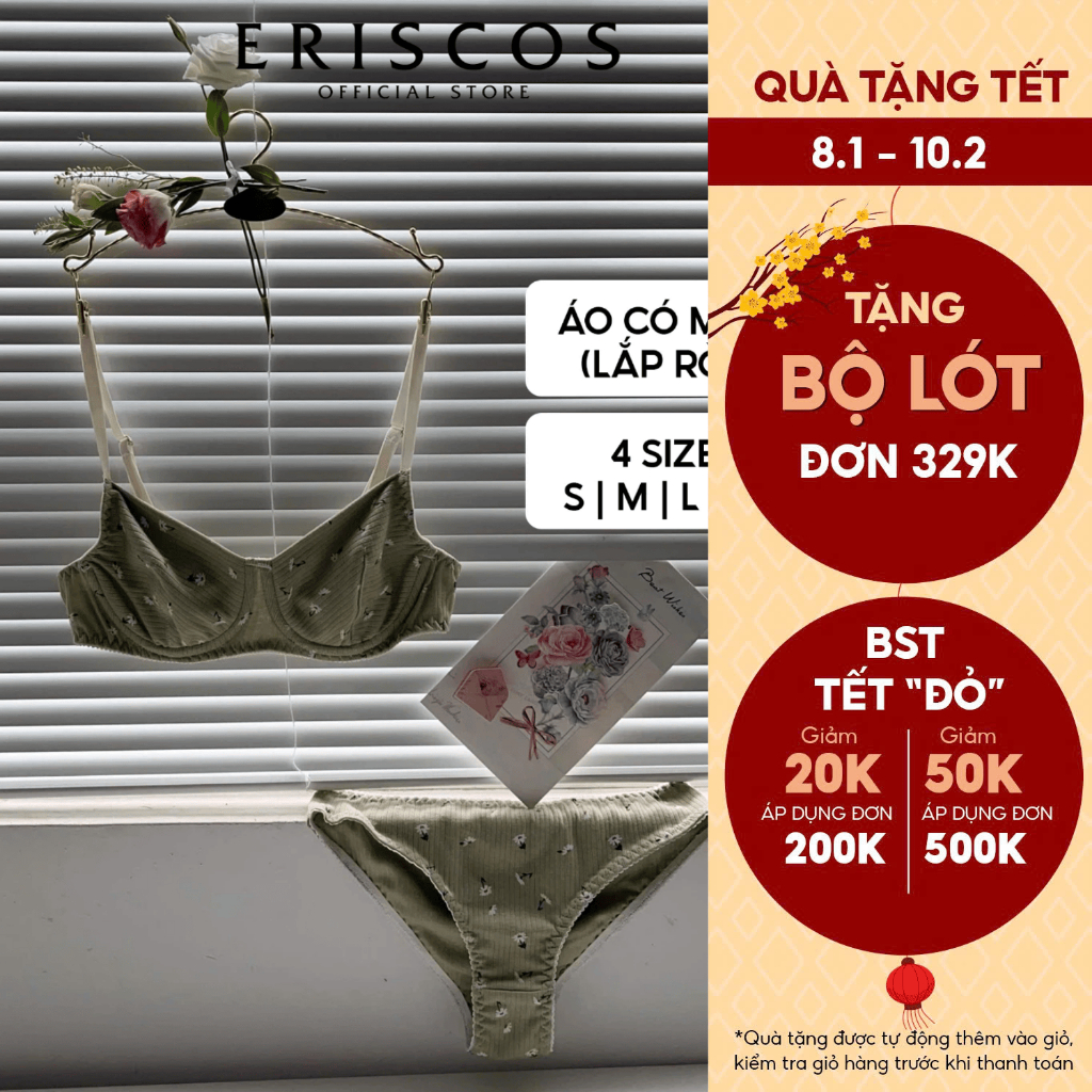 Bộ đồ lót cotton có gọng có mút lắp rời xanh hoa trẻ trung mát mẻ thoải mái mùa hè Eriscos