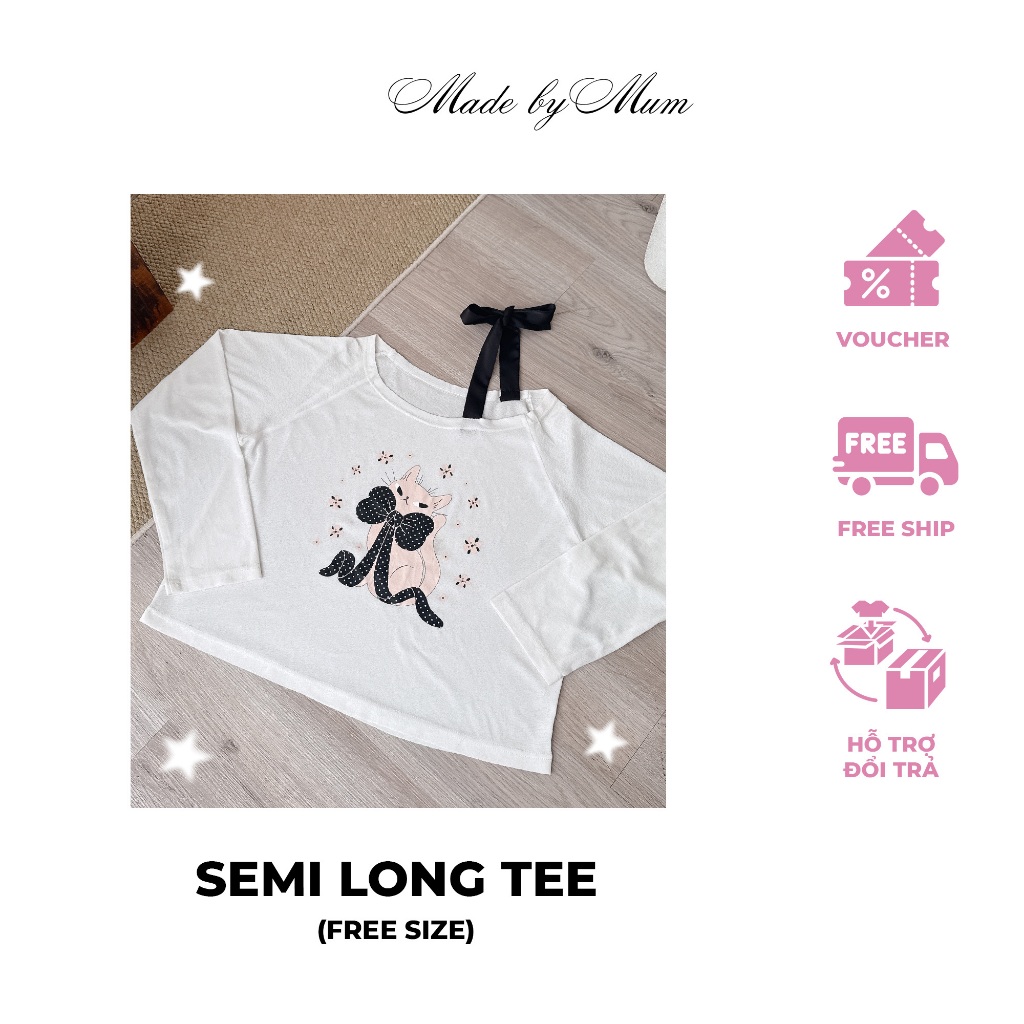MADE BY MUM - Semi Top Áo Trễ Vai Tay Dài Thắt Nơ Hình Mèo Dễ Thương Màu Trắng