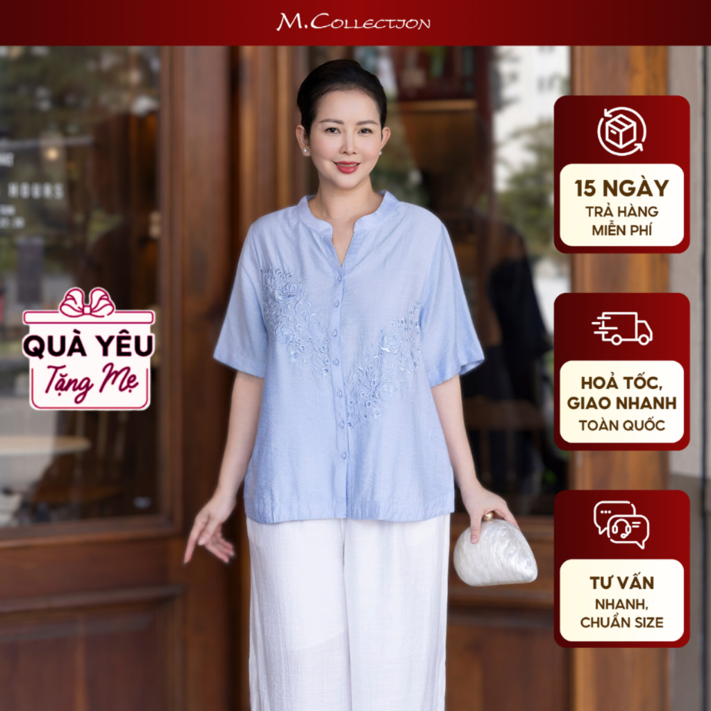 M COLLECTION | Áo Kiểu Nữ Trung Niên Tặng Mẹ, Bà Cài Nút Cổ Trụ Lụa Thêu Hoa Chìm Tay Ngắn A11460 | BigBuy360 - bigbuy360.vn