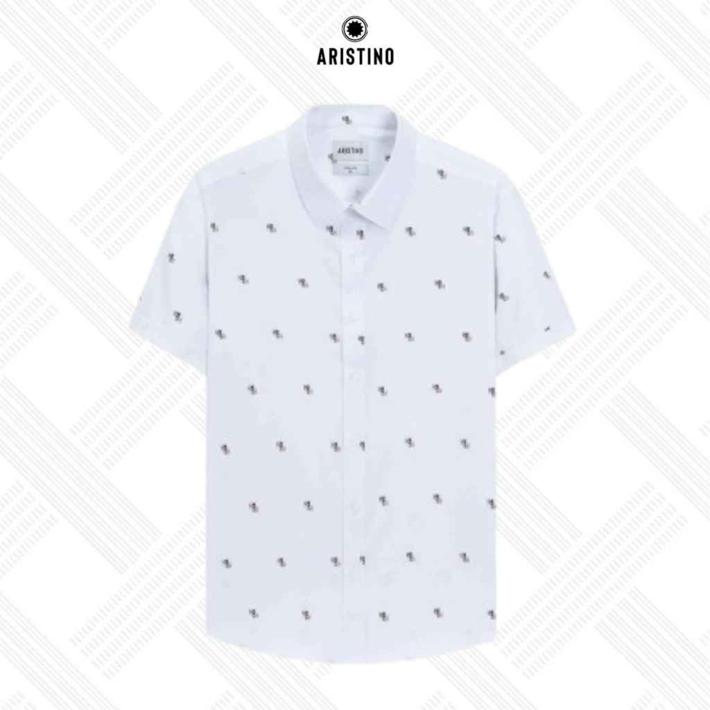 Áo Sơ Mi Nam ngắn tay Họa Tiết Aristino, sơ mi trắng họa tiết hoa sen thời Lý Slim Fit ASS505SAH2