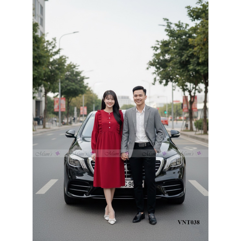 Váy suông, váy bầu thiết kế Mum’s Shop VNT038 váy nhung đỏ tiểu thư, trẻ trung