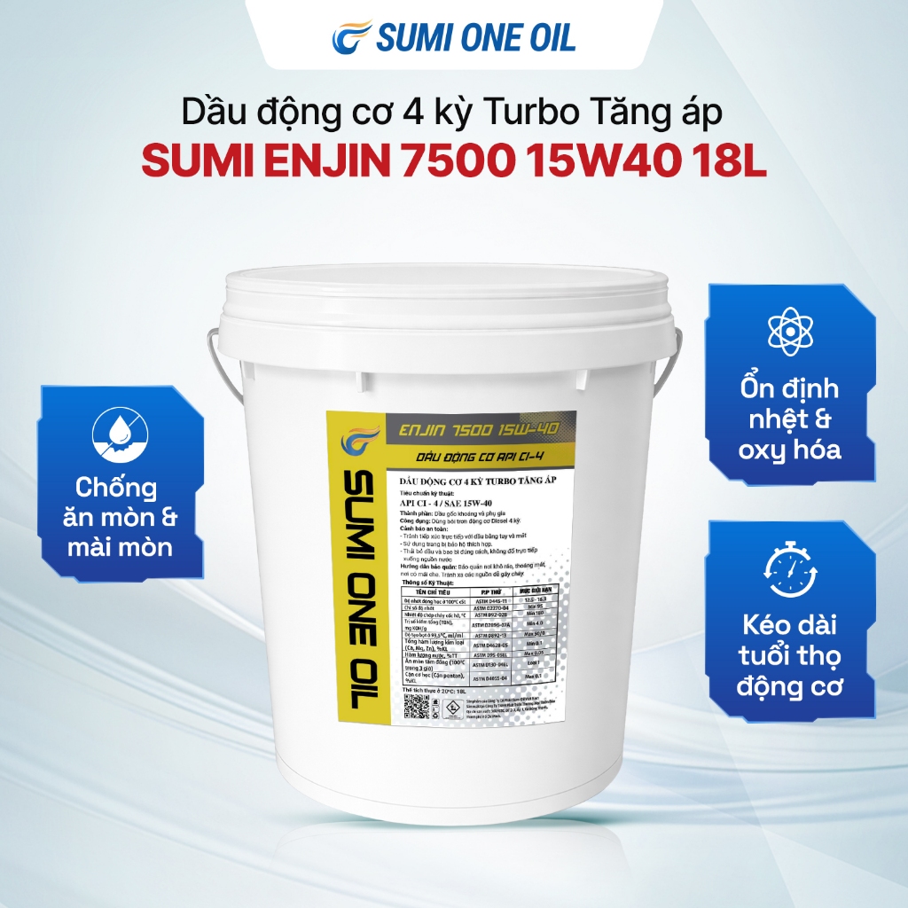 Dầu Nhớt SUMI ENJIN 7500 15W40 18L Hàng Chất Lượng Cao Bôi Trơn Mạnh Chống Mài Mòn Cho Động Cơ Diese