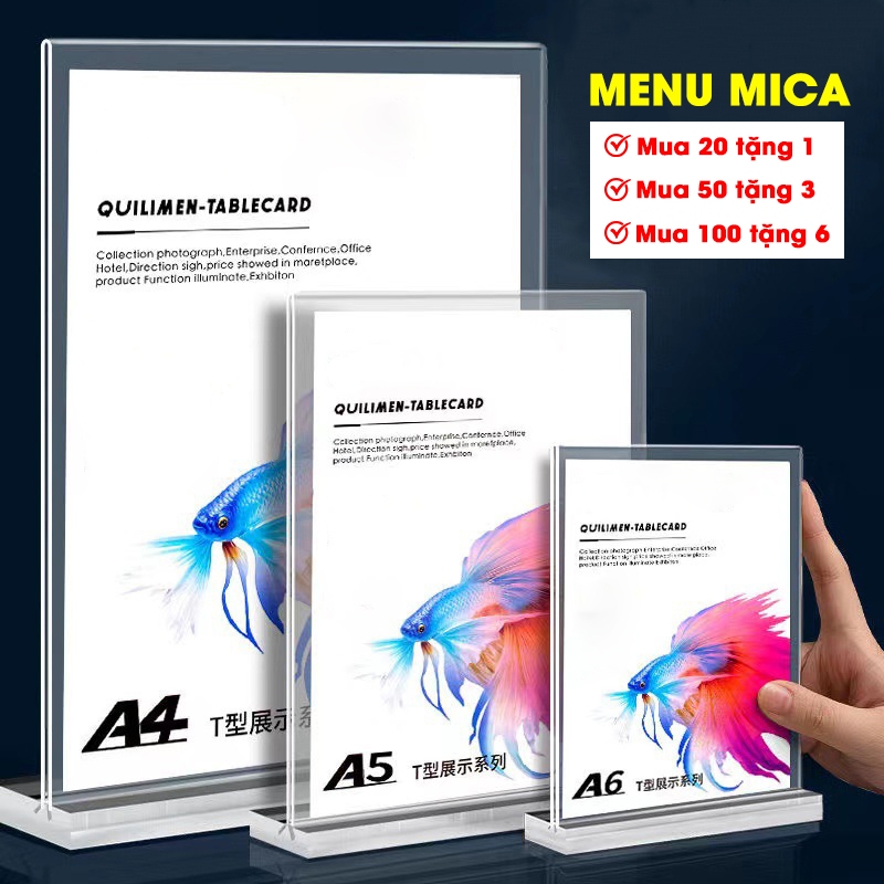 Bảng mica trong suốt đế trong, Bảng menu mica A4, A5, A6, Bảng quét mã QR thanh toán cho cửa hàng, siêu thị