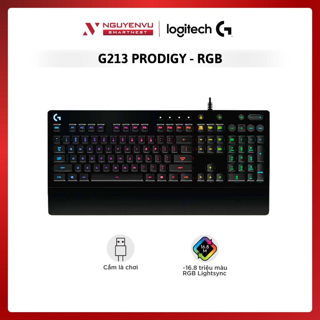 Bàn phím gaming có dây Logitech G213 Prodigy - RGB, Full size, chống tràn bền bỉ | Hàng chính hãng |