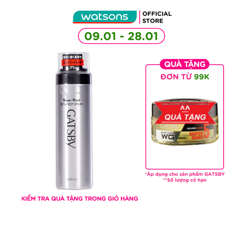 Keo Xịt Tóc Gatsby Giữ Nếp Lâu và Không Gây Bết Dính Super Hard Set & Keep Spray 180g