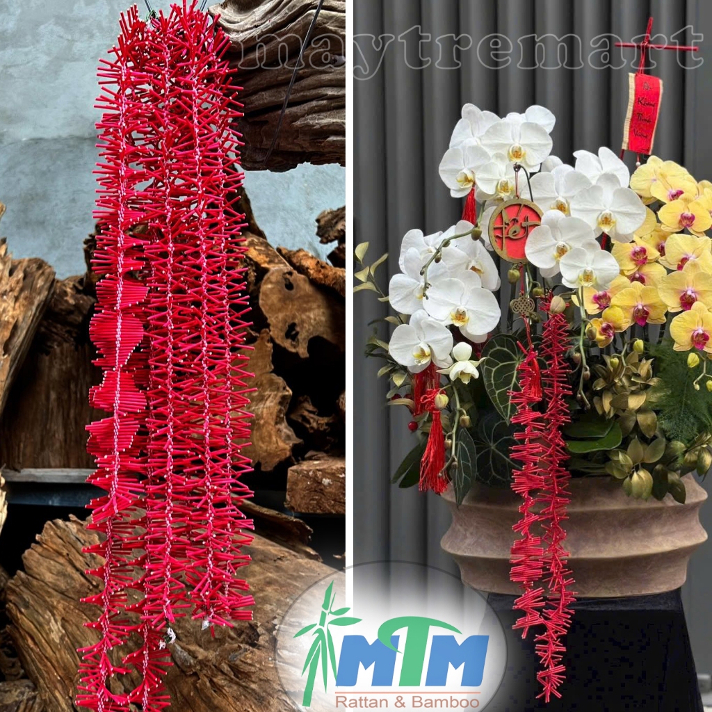 Dây pháo tăm tre treo trang trí chậu lan hồ điệp, bonsai, cây cảnh, tiểu cảnh Tết.