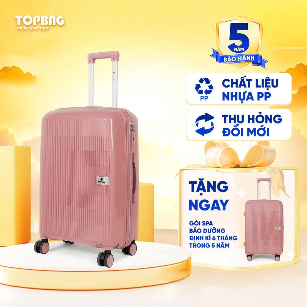 Vali Du Lịch ECOWAY, Vali Kéo Nhựa PP Dẻo Cao Cấp 20/24/28 Chống Va Đập, Khoá Số Chìm An Toàn - E618
