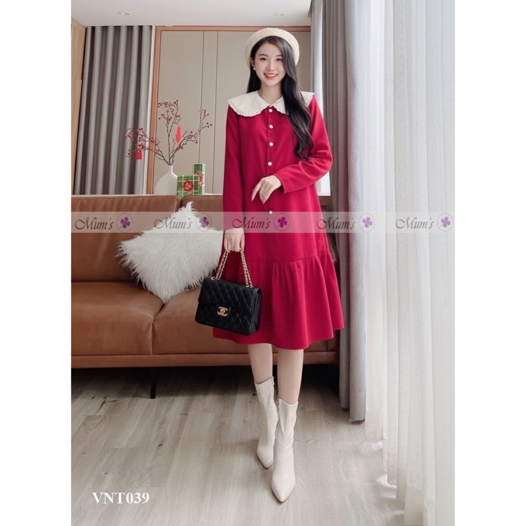 Váy bầu thiết kế Mum’s Shop VNT039 Nhung đỏ cổ trắng