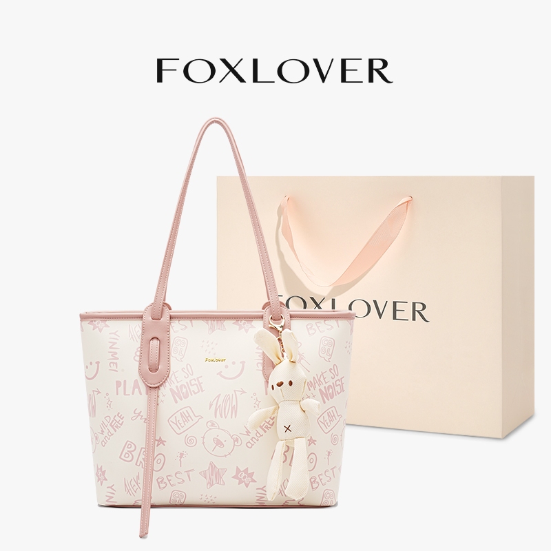 FOXLOVER Túi tote nữ Kèm mặt dây thỏ Dung tích lớn Họa tiết dễ thương hoạt hình