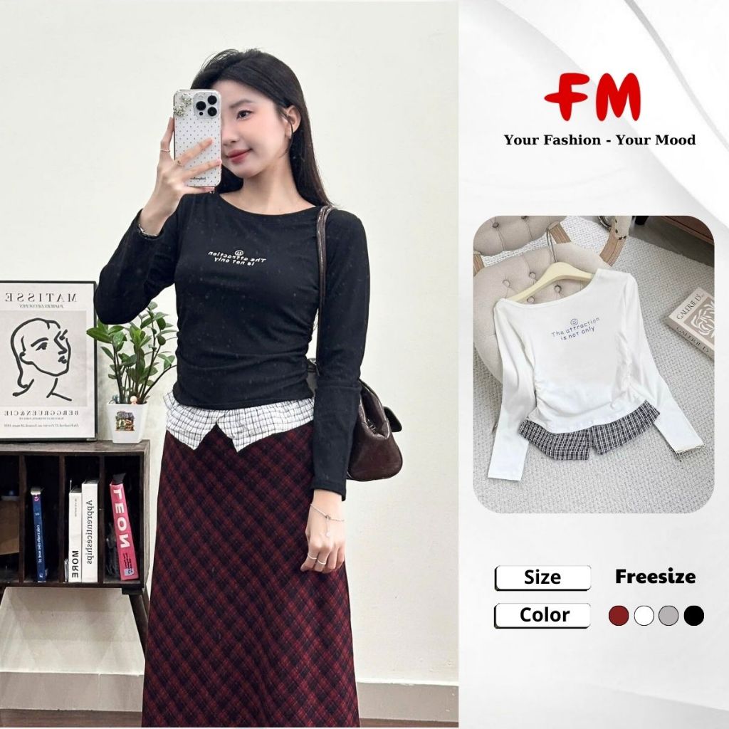 Áo Thun Kiểu Cổ Thuyền FMSTYLE- Tay Dài Chữ The Attraction, Phối Vạt Sơ mi Sọc Thời Trang 25121106