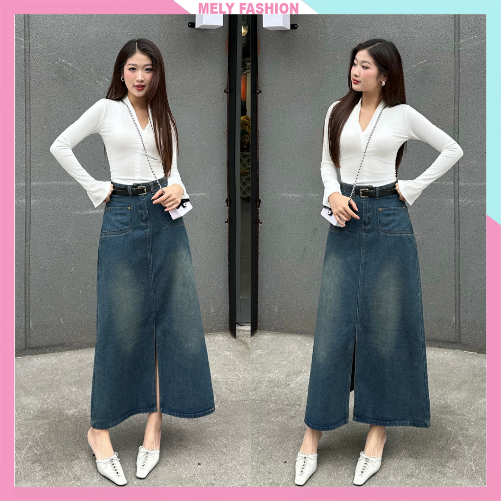 Chân váy jean bò dáng dài Mely Fashion denim suông chữ a xẻ trước lưng cao phong cách ulzzang VB02