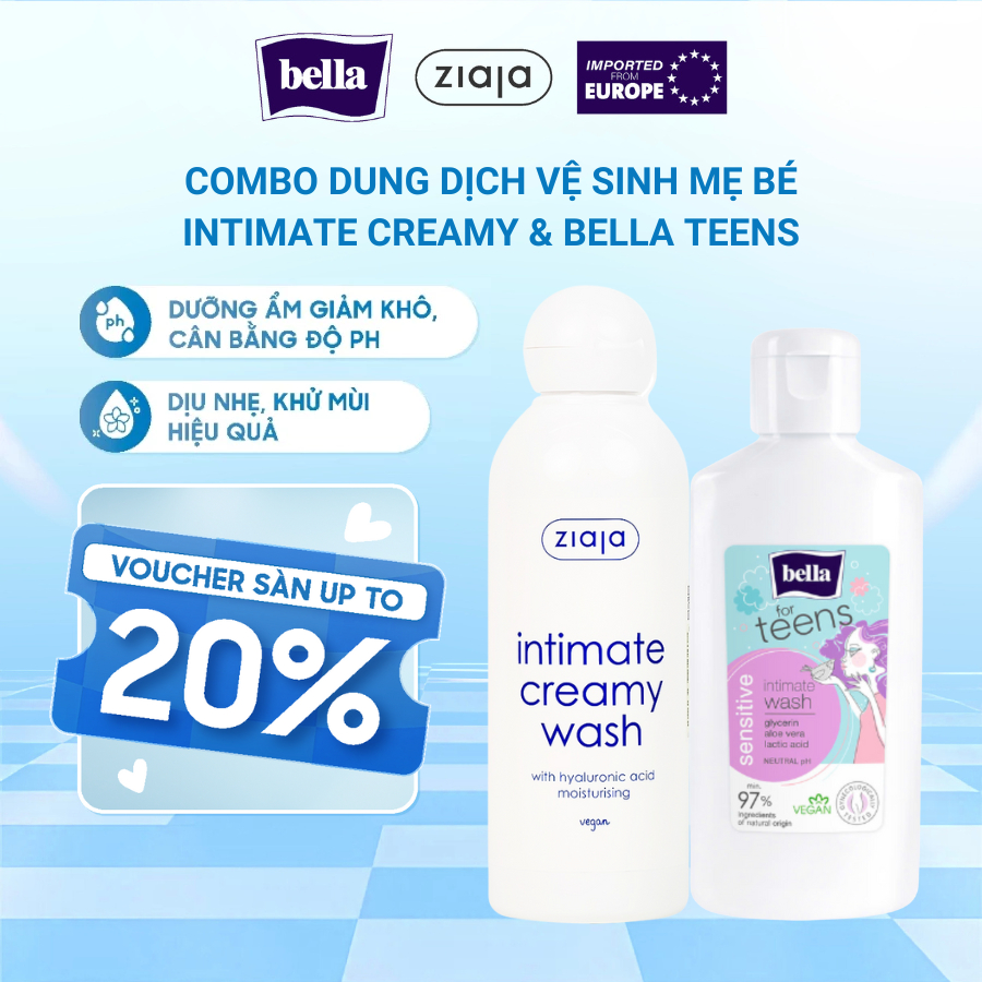 Combo Dung Dịch Vệ Sinh Dành Cho Mẹ & Bé Ziaja Intimate Creamy 200ml & Bella Teens 100ml