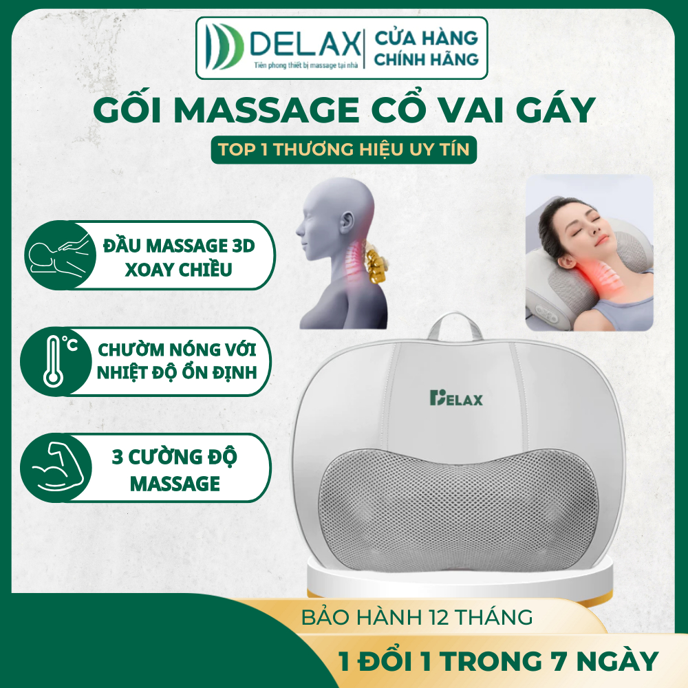 Gối Massage 3D Đảo Chiều DELAX – Thư Giãn Cổ Vai Gáy, Hồng Ngoại Giảm Nhức Mỏi GMC01