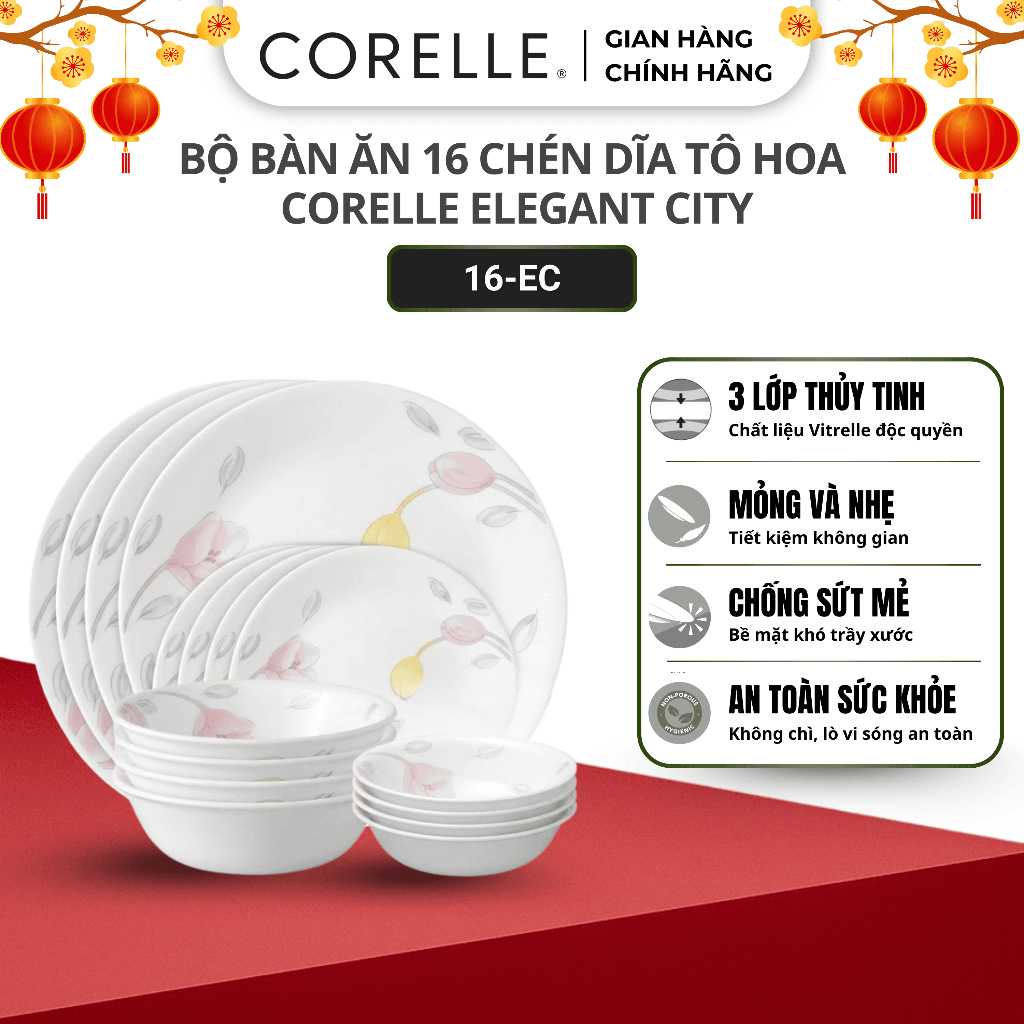 Bộ bàn ăn SET 16 cái 4 người  – Tô chén dĩa thủy tinh CORELLE Elegant City (EC) - 16-EC - Chính hãng