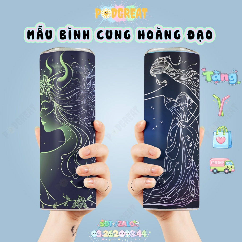 Bình Giữ Nhiệt Cung Hoàng Đạo 600ml, Ly Giữ Nhiệt 12 Cung Hoàng Đạo, Cốc Cung Hoàng Đạo,Tặng Kèm Ống