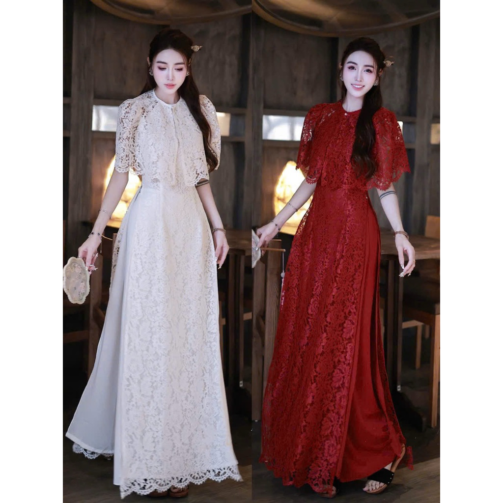 ELyNA studio Áo dài ren cổ yếm kèm choàng