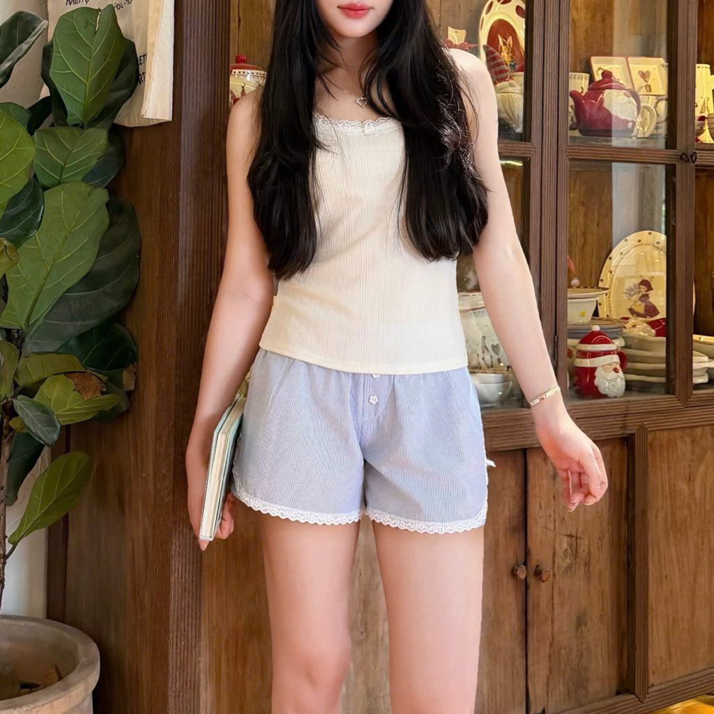 Quần Short Nữ Viền Ren Phối Nơ Quần Đùi Ngắn Nữ Mặc Nhà Mặc Ngủ Mặc Đi Biển Sweetie Room