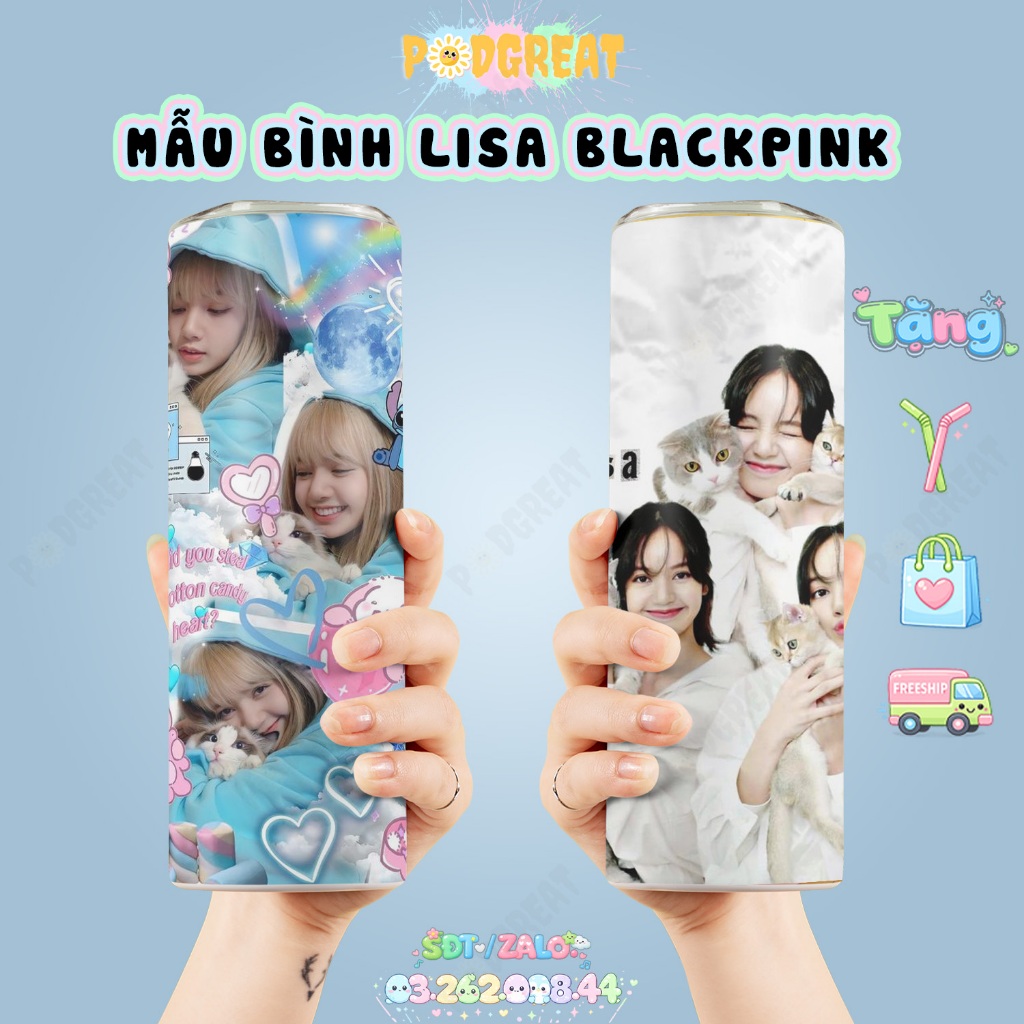 Ly Giữ Nhiệt Lisa BlackPink, Bình Giữ Nhiệt Lisa BlackPink, Cốc Giữ Nhiệt Lisa BlackPink 600ml, Có T