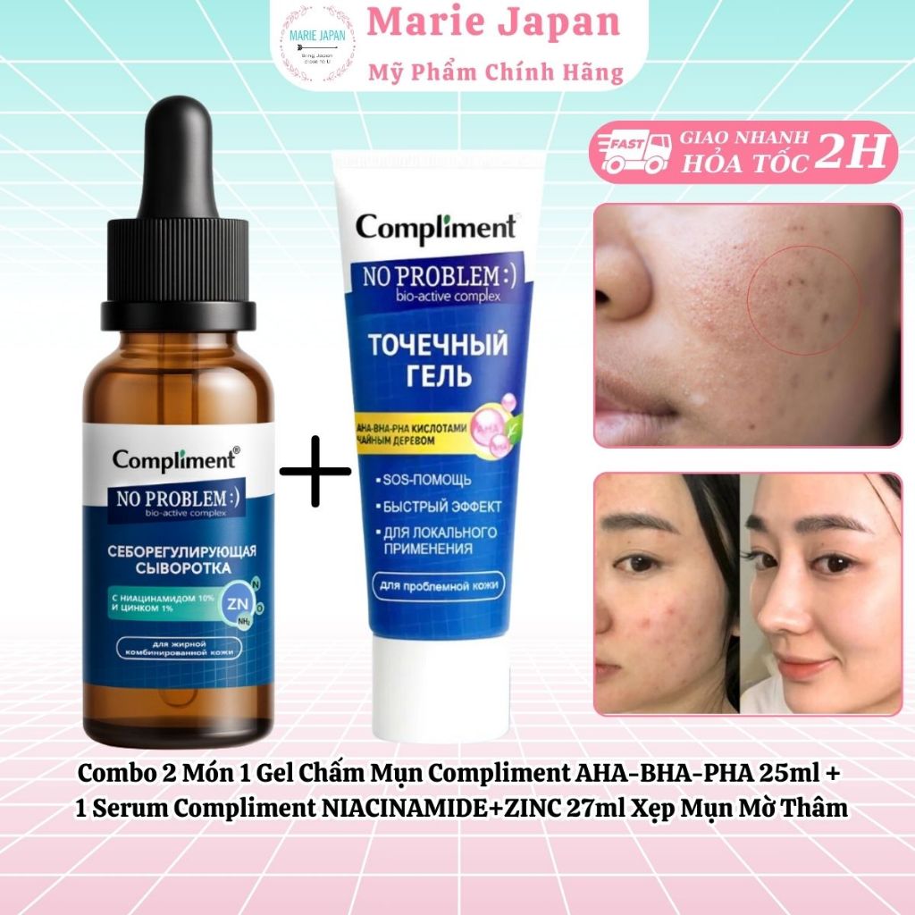 Combo 2 Món 1 Gel Chấm Mụn Compliment AHA-BHA-PHA 25ml + 1 Serum Compliment NIACINAMIDE+ZINC 27ml Xẹ