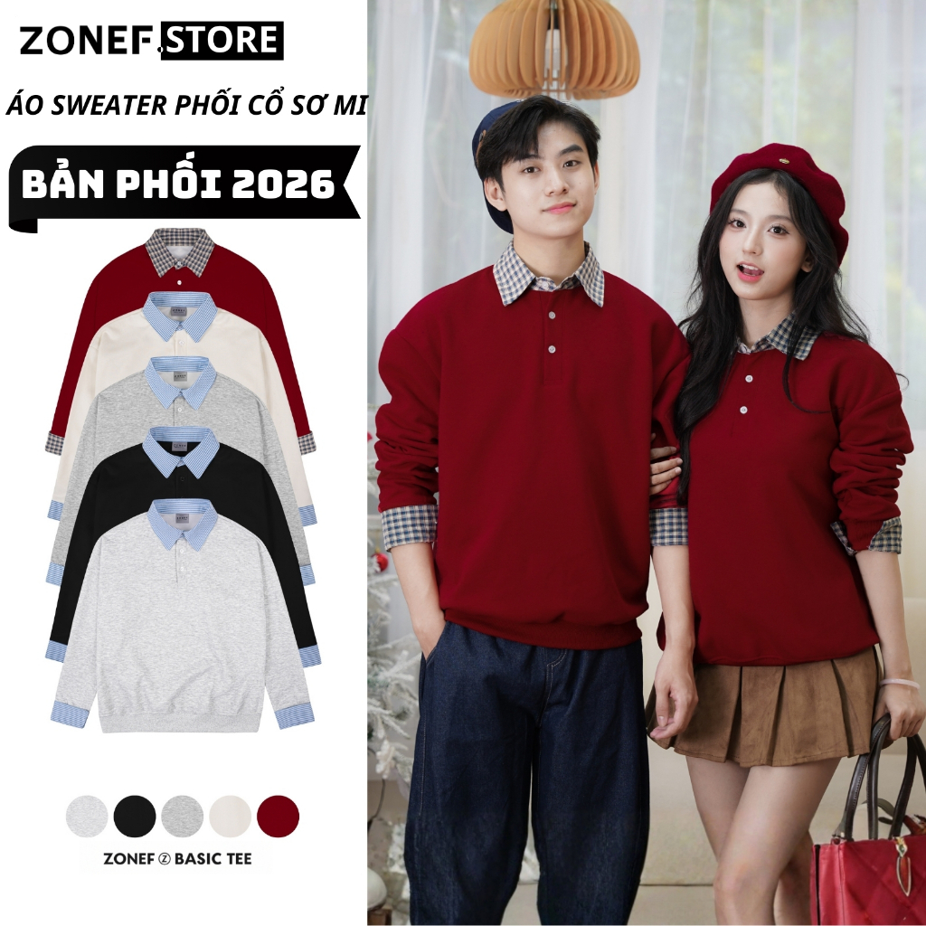 Áo Sweater Dài Tay ZONEF STORE Phối Sơ Mi Kẻ Xanh Nhạt Liền Thân Chất Liệu Nỉ 2 Da Unisex