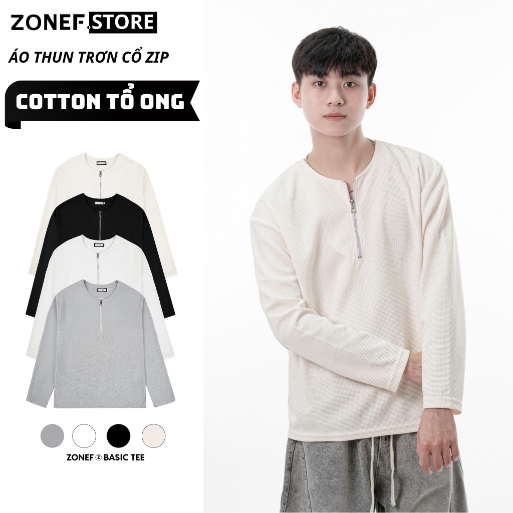Áo Thun Nam Dài Tay Phối Khóa Zip Basic ZONEF STORE, Chất Liệu Cotton Tổ Ong Thời Trang Nam Nữ TDZ