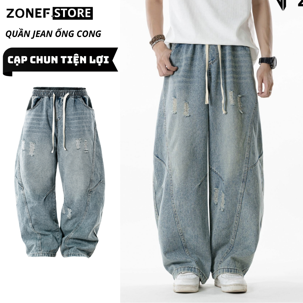 Quần Jean Ống Cong Form Rộng ZONEF STORE RETRO Cạp Chun Quần Bò Nam Nữ Unisex Phong Cách Streetwear