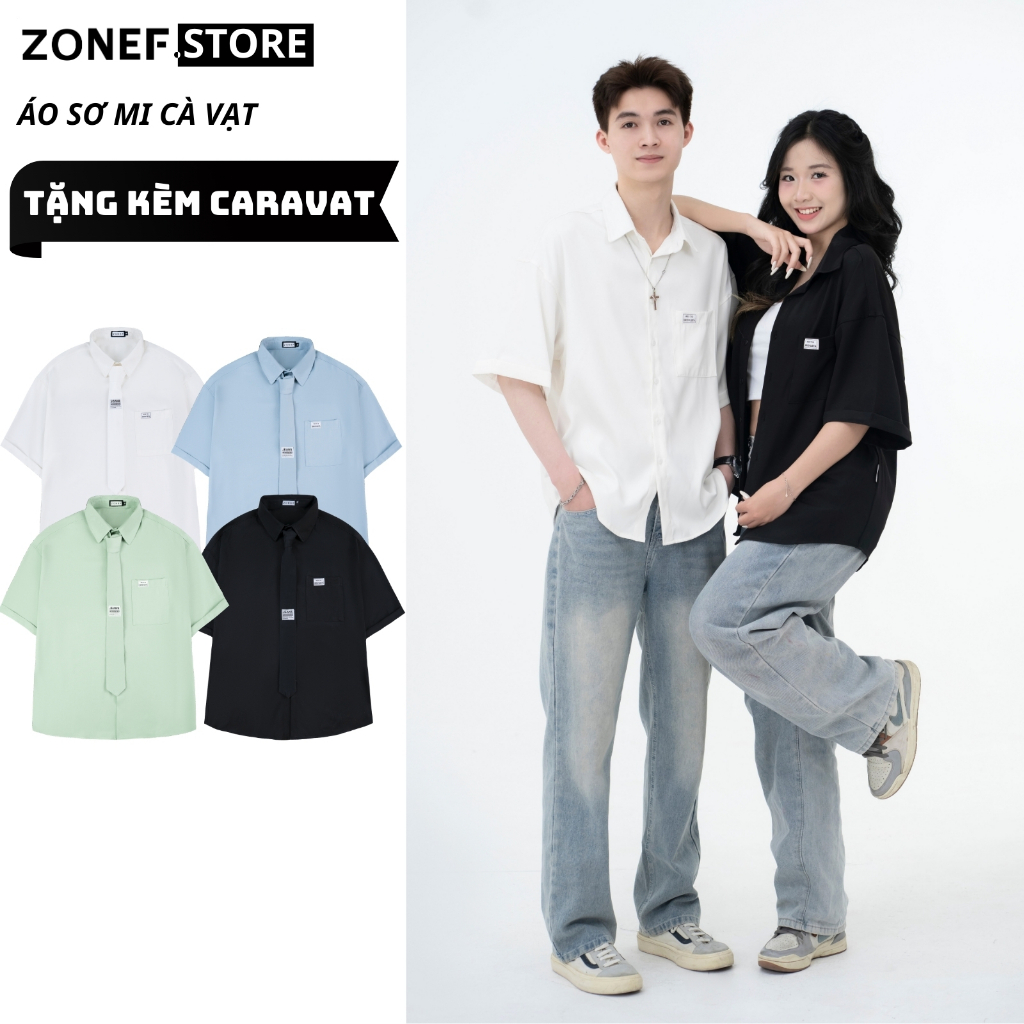 Áo Sơ Mi Nam Ngắn Tay Phối Cà Vạt Oversize ZONEF STORE, Cộc Tay Nam Caravat Form Rộng, Basic, Phong 