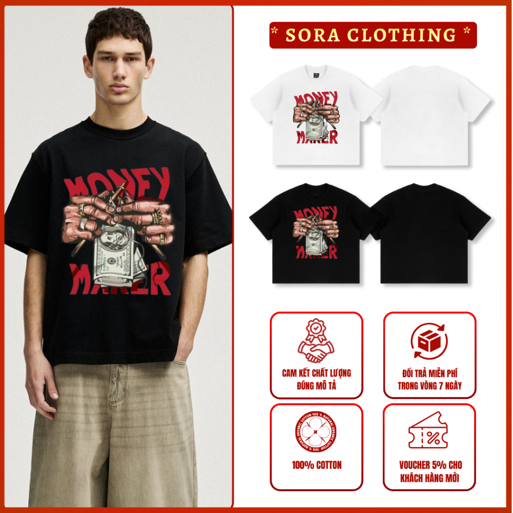 Áo Thun, Áo Phông Unisex Nam Nữ - Form Rộng Boxy - “Money Maker” - 100% Cotton 250GSM