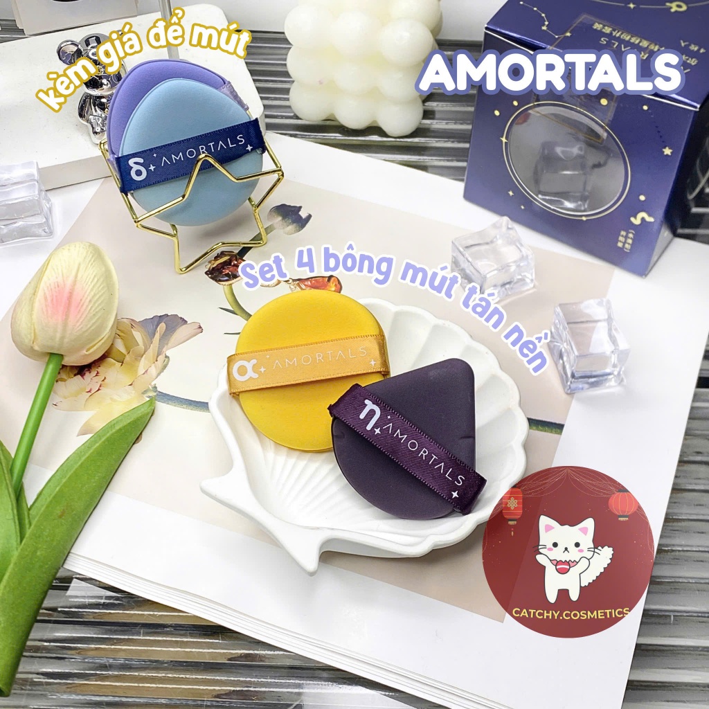 [AMORTALS] Set 4 Bông Mút Trang Điểm AMORTALS Ngôi Sao Kèm Giá Để, Bông Mút Tán Kem Nền