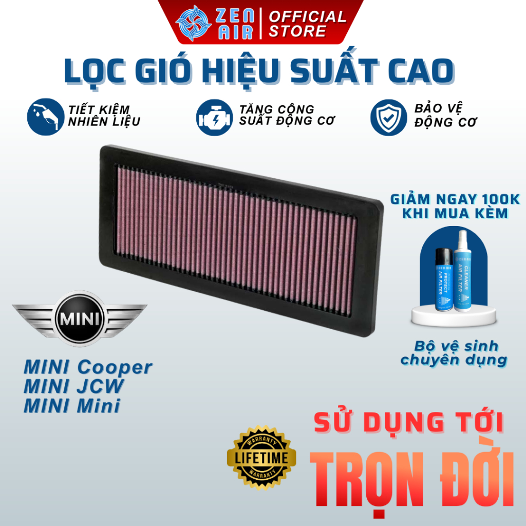 Lọc gió động cơ MINI Cooper, JCW, Mini, lọc gió hiệu suất cao sử dụng trọn đời- Zen Air