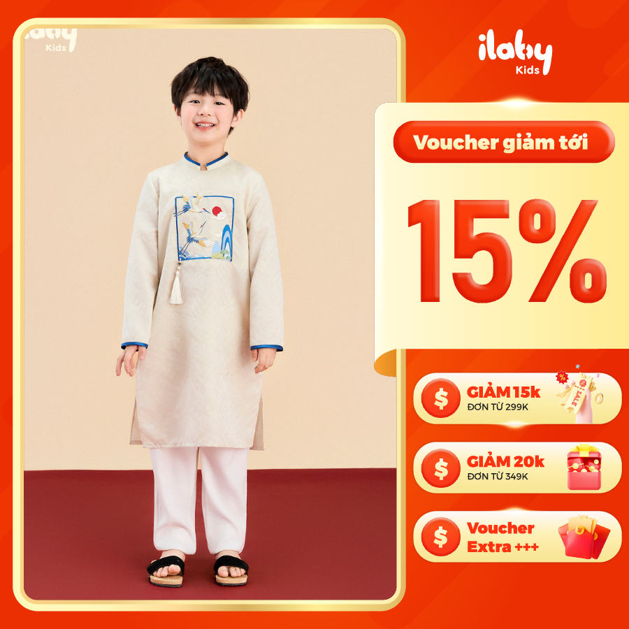 [ILABY HCM] Áo dài bé trai áo dài cách tân SƠN HẠC cổ tàu đứng form cùng viền xanh nổi bật [3705]