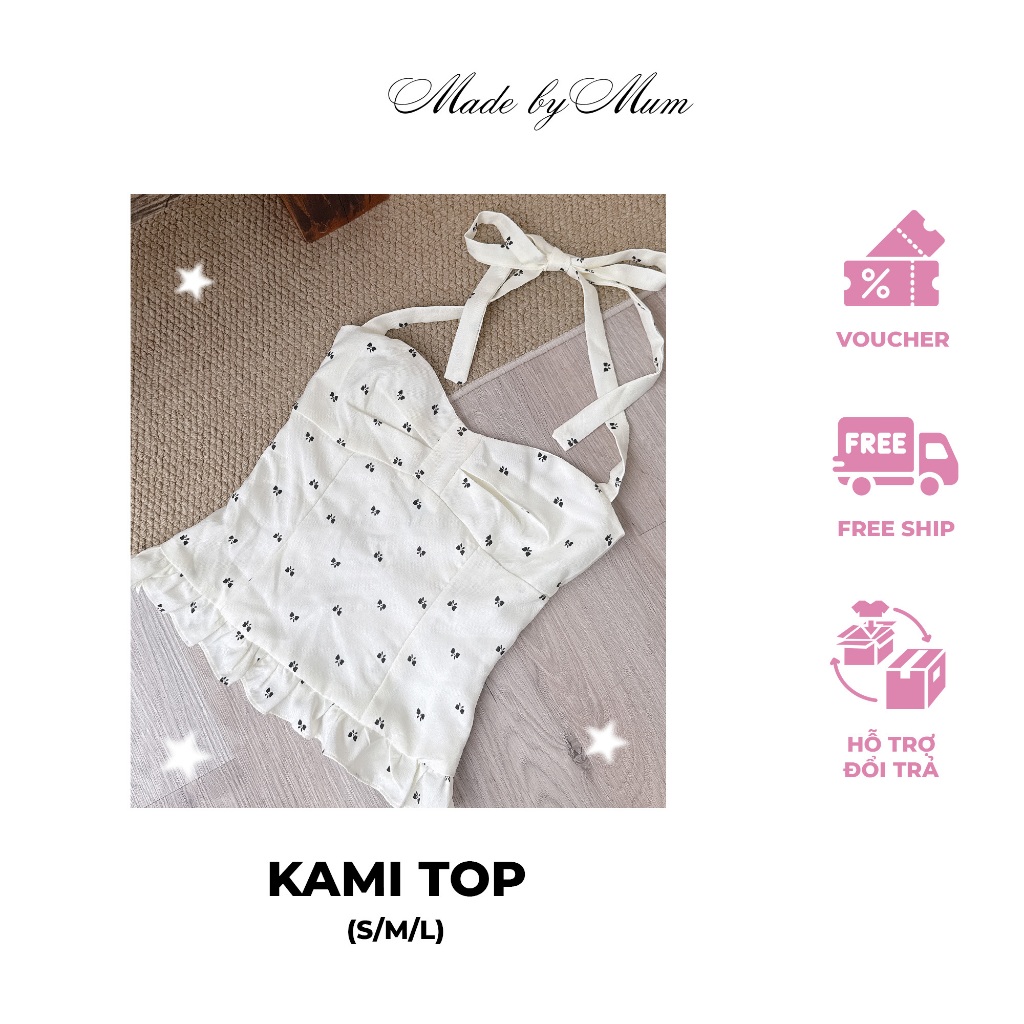 MADE BY MUM - Kami Top Áo Cổ Yếm Họa Tiết Cherry Mix Bèo Nhún Phong Cách Tiểu Thư