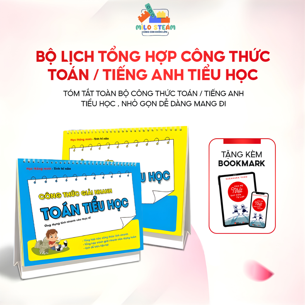 Sổ tay công thức toán & tiếng anh tiểu học - Lịch để bàn tra cứu nhanh Milo Steam (Lớp 1-5)