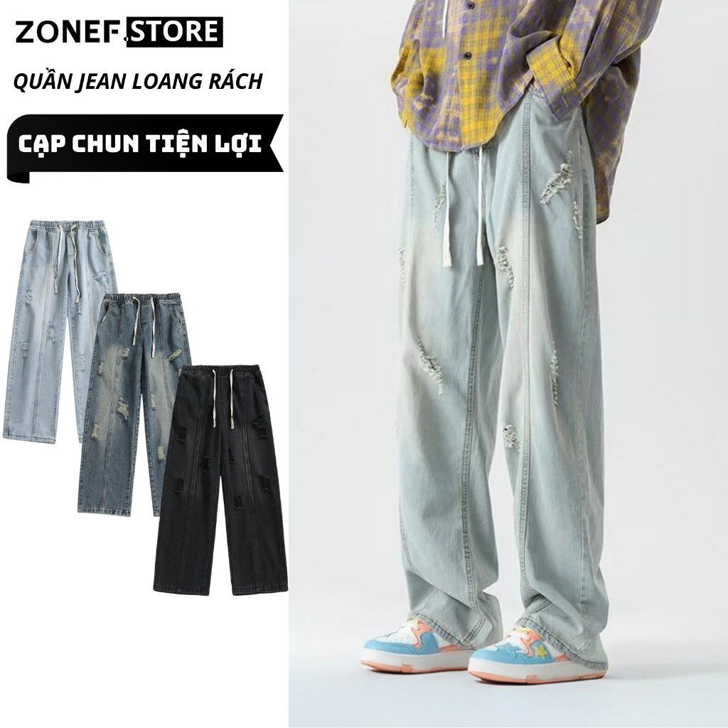 Quần Jean Nam ZONEF STORE Ống Suông Cạp Chun Cào Rách Chất Liệu Cao Cấp Mền Mại Thoáng Mát [QJR]